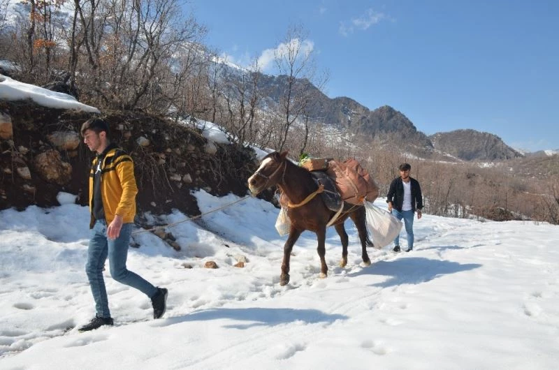 Yaban hayvanları için at sırtında yem götürdüler
