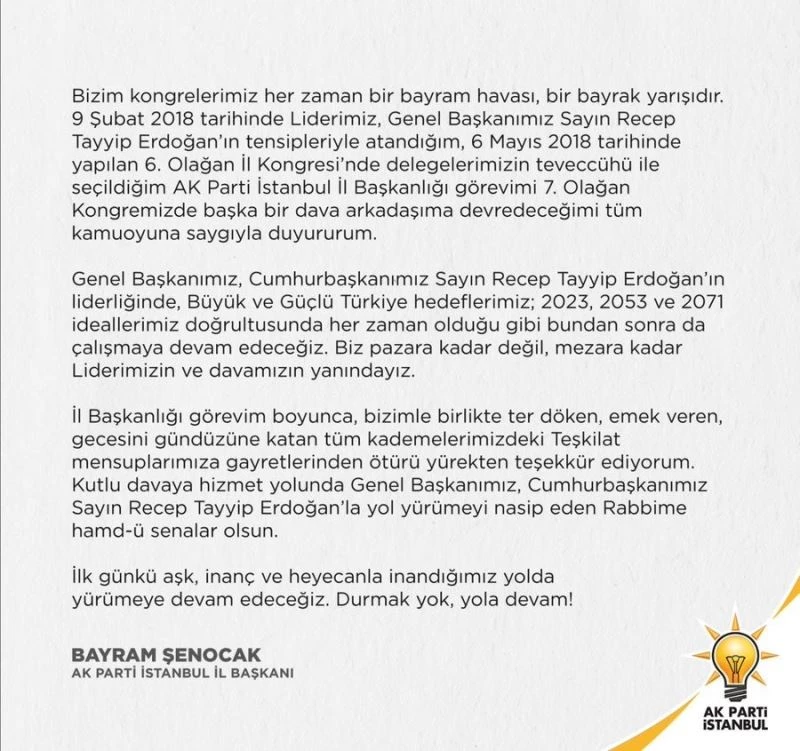AK Parti İstanbul İl Başkanı Bayram Şenocak yeniden aday olmayacağını açıkladı
