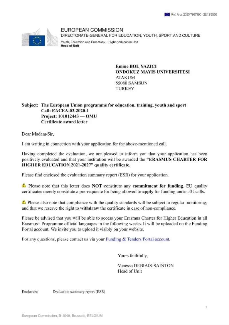 OMÜ’ye tam puanla Erasmus Beyannamesi kalite sertifikası
