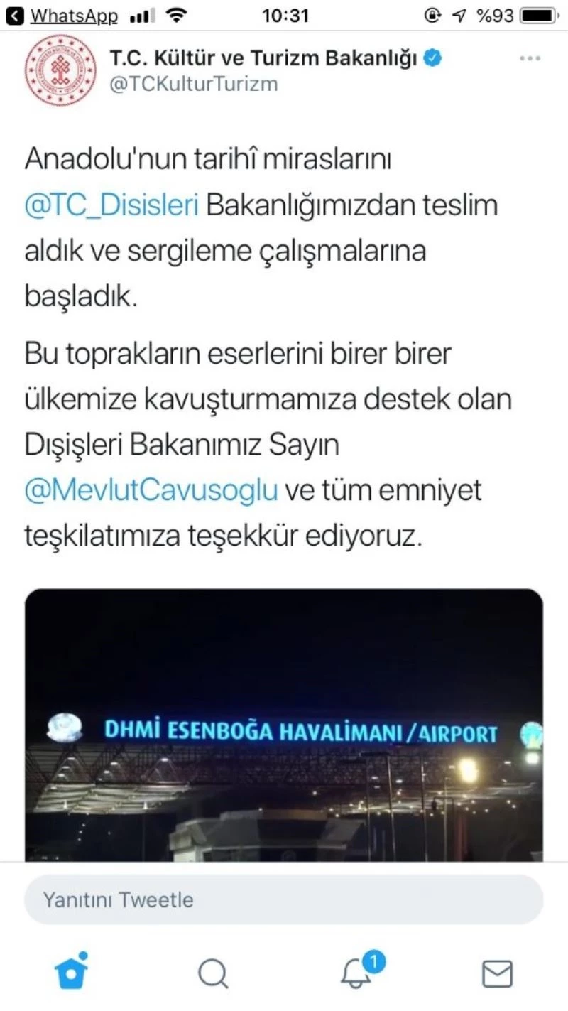 Anadolu’nun 412 eseri daha Türkiye’ye getirildi
