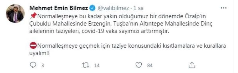 Vali Bilmez, taziyelerden dolayı vaka sayısının arttığını duyurdu
