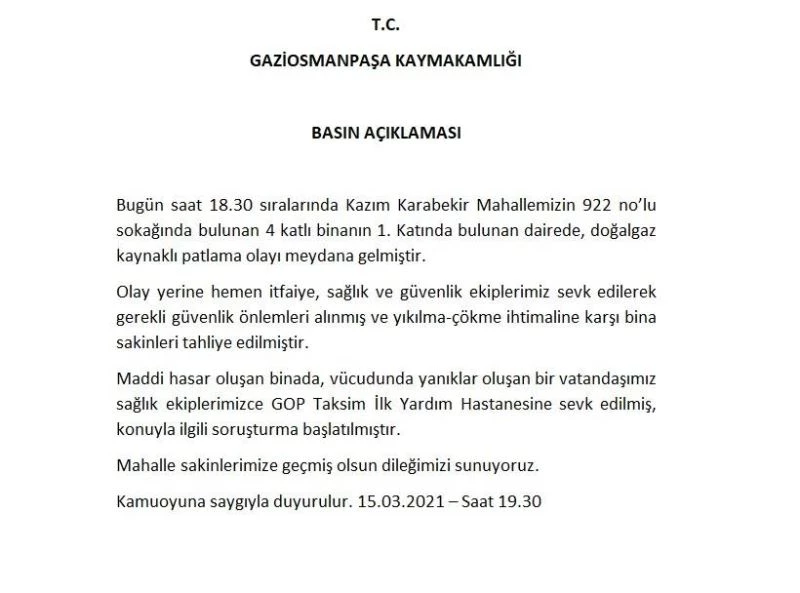 Gaziosmanpaşa Kaymakamlığı’ndan doğalgaz patlamasına ilişkin açıklama
