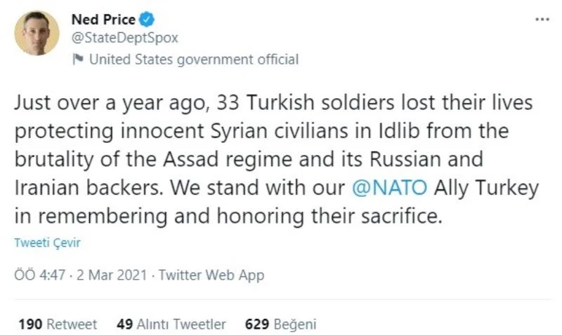 ABD Dışişleri Bakanlığı Sözcüsü Price, İdlib’de şehit düşen 33 Türk askerini andı
