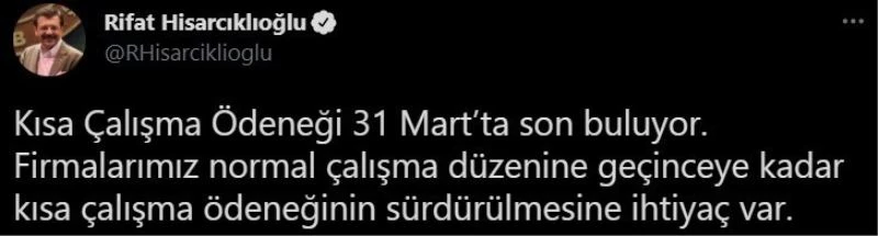 TOBB Başkanı Hisarcıklıoğlu, kısa çalışma ödeneğinin sürdürülmesi çağrısı yaptı
