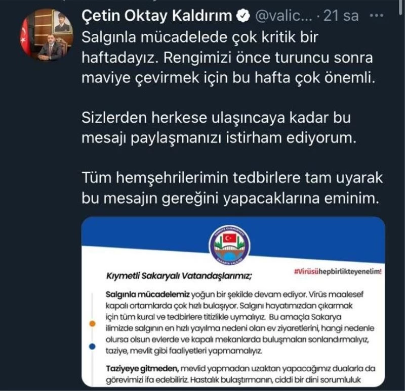 Kırmızı kategorideki Sakarya Valisi uyardı:
