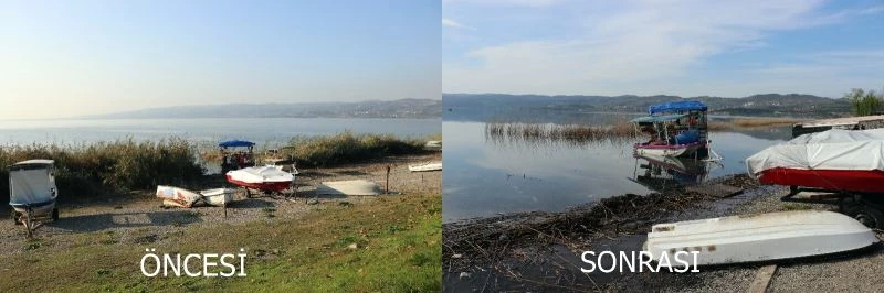 Sapanca Gölü’nde su seviyesi yükseldi, karaya oturan kayık sular altında kaldı
