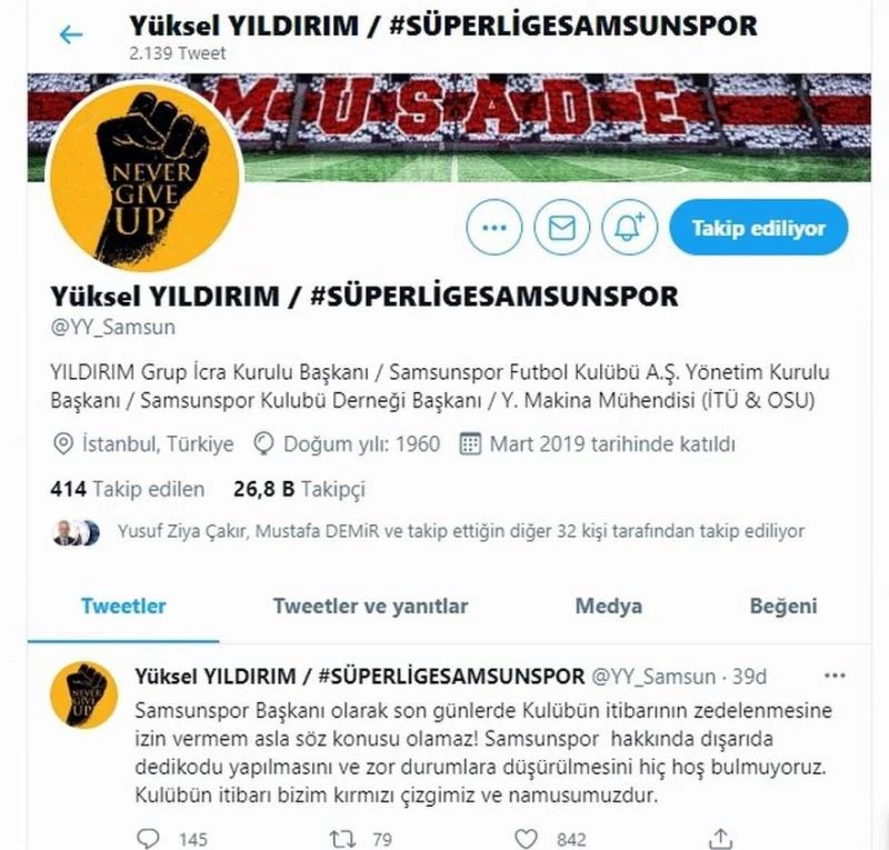 Başkan Yıldırım: “Samsunspor’un itibarı kırmızı çizgimiz ve namusumuzdur”