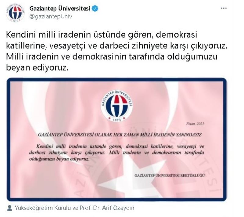 Gaziantep’teki üniversitelerden 104 amirale bildiri tepkisi
