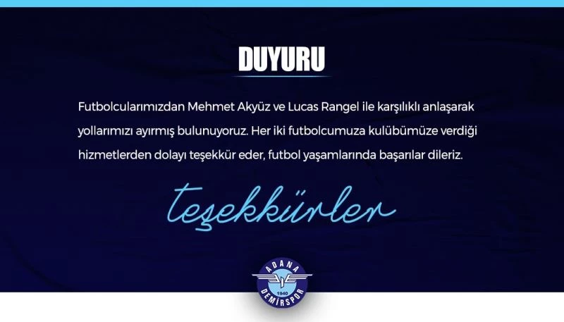 Adana Demirspor’da, Mehmet Akyüz ve Lucas Rangel ile yollar ayrıldı
