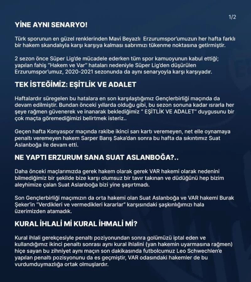 BB Erzurumspor’dan hakem Suat Arslanboğa’ya tepki