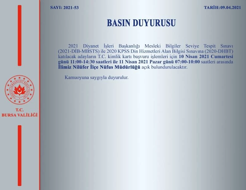 Nilüfer İlçe Nüfus Müdürlüğü hafta sonu açık olacak
