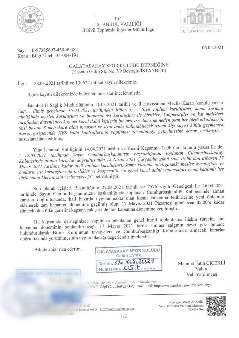 Galatasaray’da hedeflenen seçim tarihi haziran
