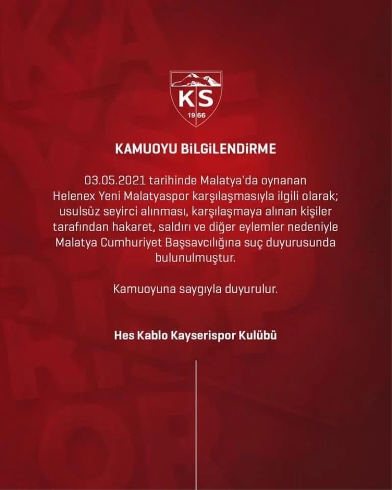 Kayserispor usulsüz seyirci için Cumhuriyet Başsavcılığına başvurdu
