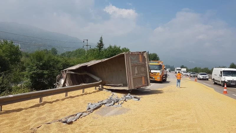 TEM Otoyolunda soya fasulyesi yüklü tır devrildi
