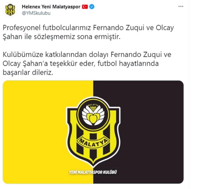 Yeni Malatyaspor’dan Olcay Şahan ve Zuqui’ye teşekkür
