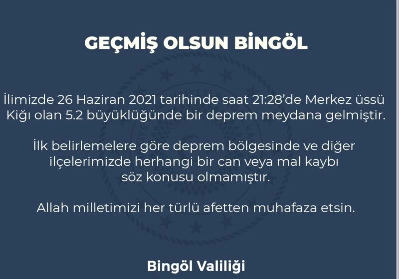 Bingöl Valiliğinden  deprem açıklaması: “Herhangi bir can veya mal kaybı söz konusu olmamıştır”
