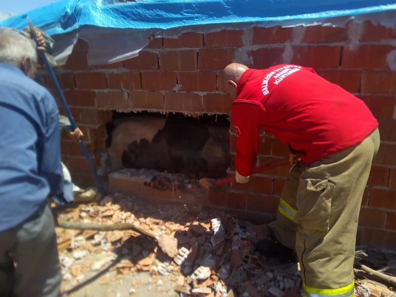 İnek ahırın duvarı kırılarak kurtarıldı
