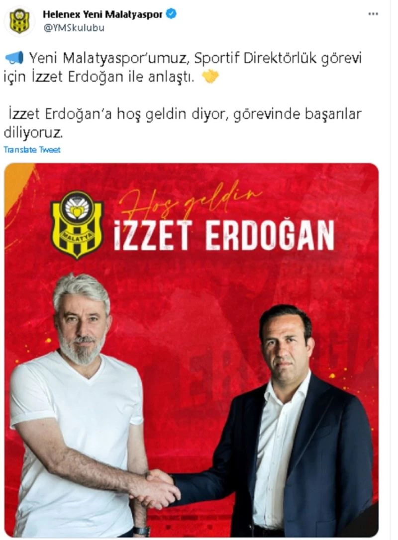Yeni Malatyaspor’da sportif direktörlüğe İzzet Erdoğan getirildi
