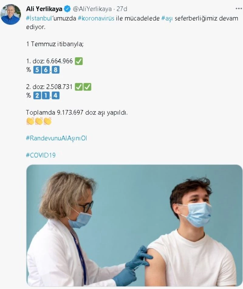 İstanbul Valisi Ali Yerlikaya, “1 Temmuz itibarıyla toplamda 9 milyon 173 bin 697 doz aşı yapıldı”
