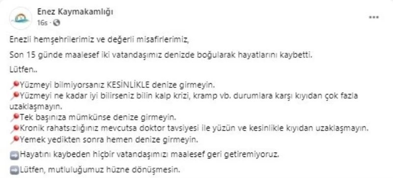 Enez’de serinlemek için denize giren iki kardeşten biri boğuldu
