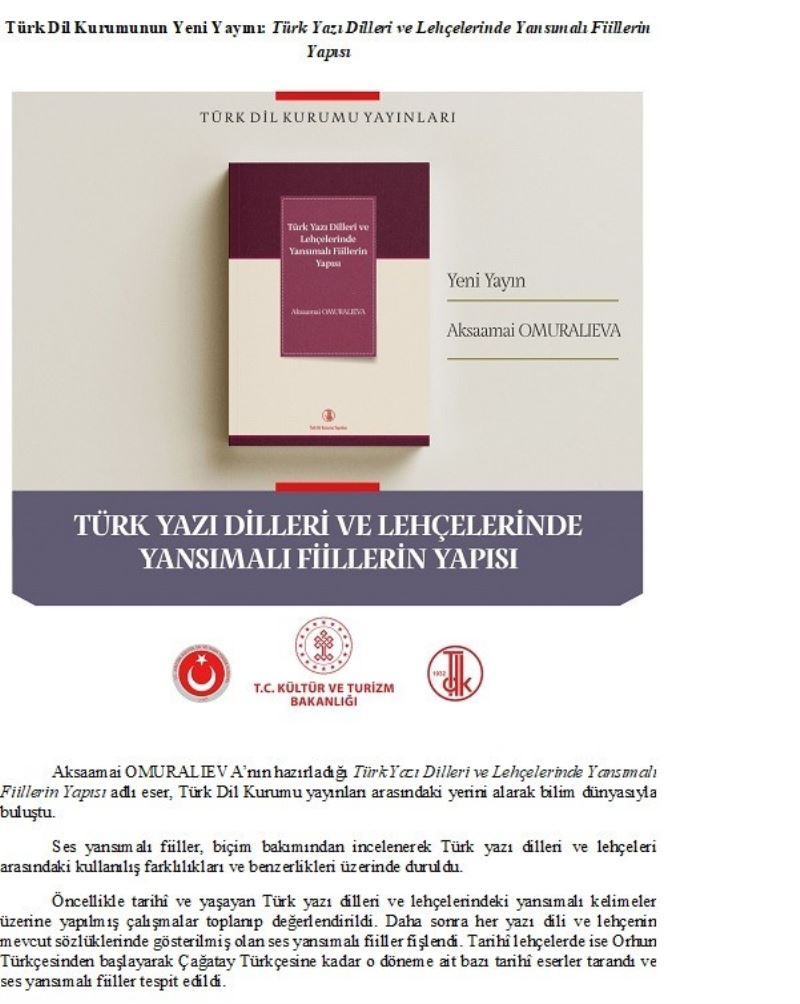 Türk Dil Kurumunun Yeni Yayını: Türk Yazı Dilleri ve Lehçelerinde Yansımalı Fiillerin Yapısı
