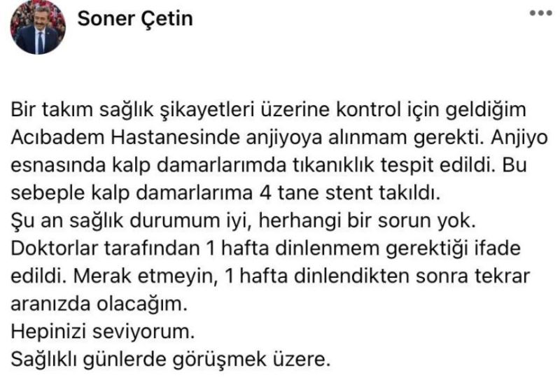 Çukurova Belediye Başkanı Soner Çetin’in kalp damarlarına stent takıldı
