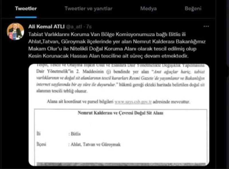 Nemrut Kalderası Nitelikli Doğal Koruma Alanı olarak tescillendi
