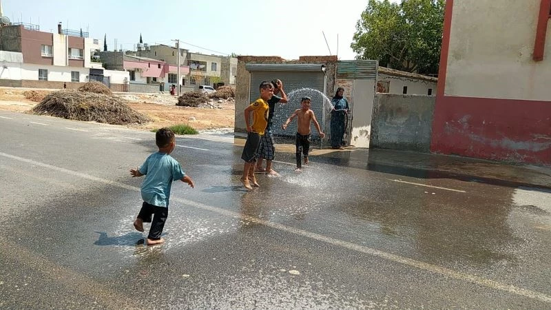 Anne çocuklarını hortumla su sıkarak serinletti
