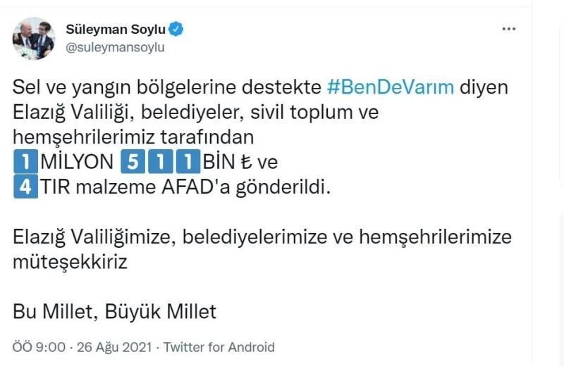 Elazığ’dan sel ve yangın bölgelerine 1 milyon 511 bin lira destek
