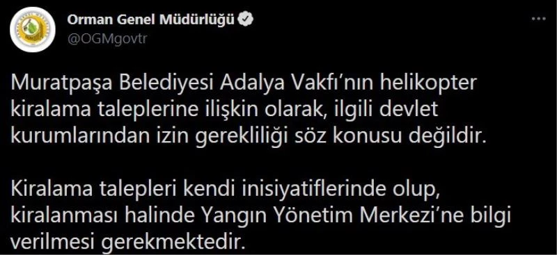 OGM’den helikopter kiralamak için izin isteyen Uysal’a yanıt: “İzin gerekliliği söz konusu değildir”
