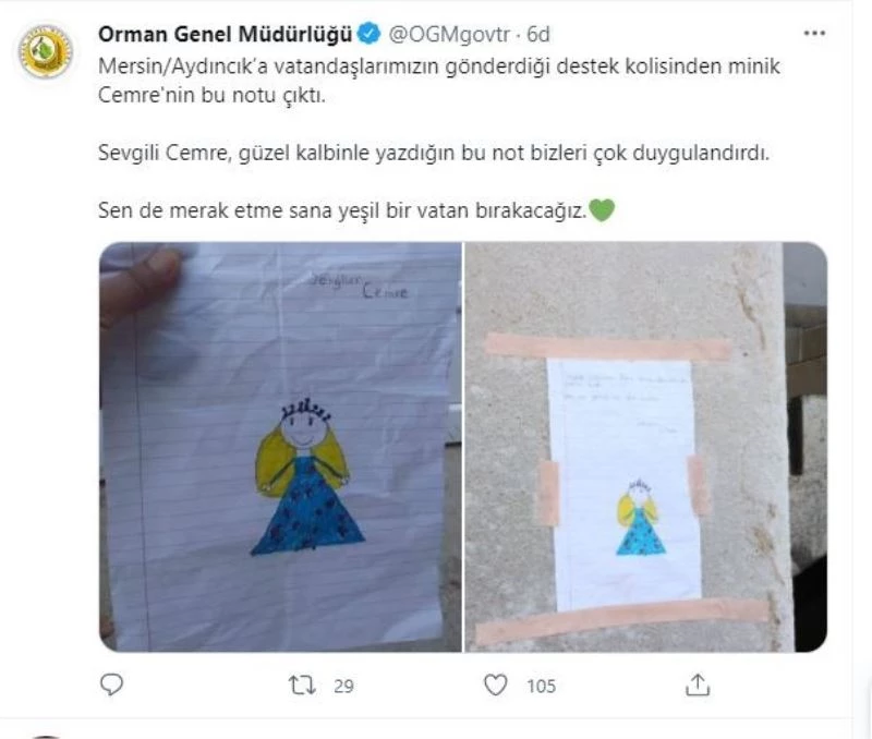 Küçük Cemre’nin notu görenleri duygulandırdı

