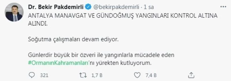 Bakan Pakdemirli, Manavgat yangınının kontrol altına alındığını duyurdu

