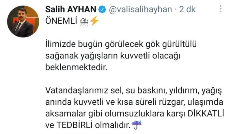 Vali Ayhan sosyal medya hesabından uyardı: “Dikkatli olun”
