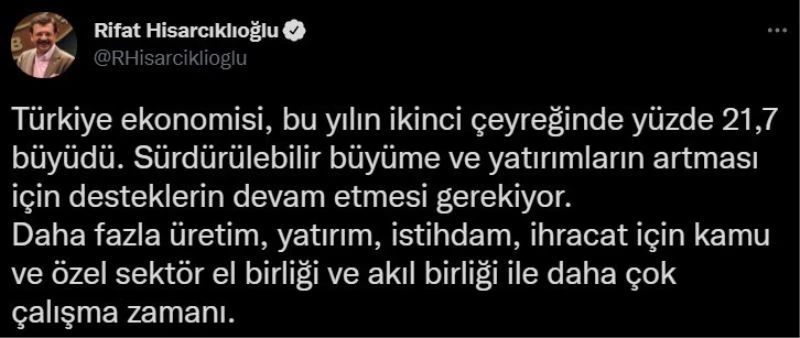 TOBB Başkanı Hisarcıklıoğlu: “Sürdürülebilir büyüme ve yatırımların artması için desteklerin devam etmesi gerekiyor”
