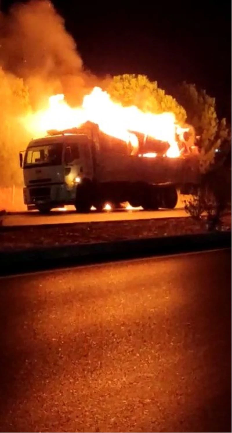 Tomruk yüklü kamyonun önce tekerleri sonra dorsesi alev aldı
