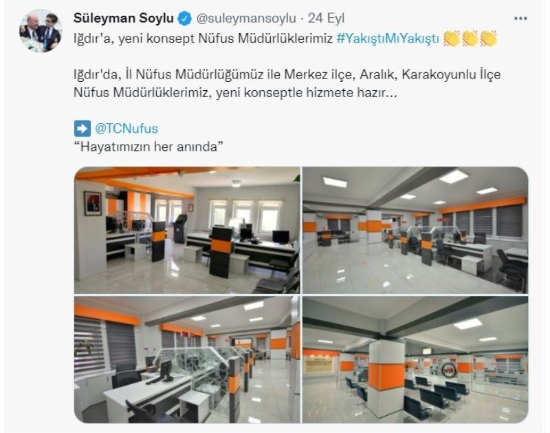 Bakan Soylu, yenilenen Iğdır Nüfus Müdürlükleri’ni sosyal medyadan tanıttı
