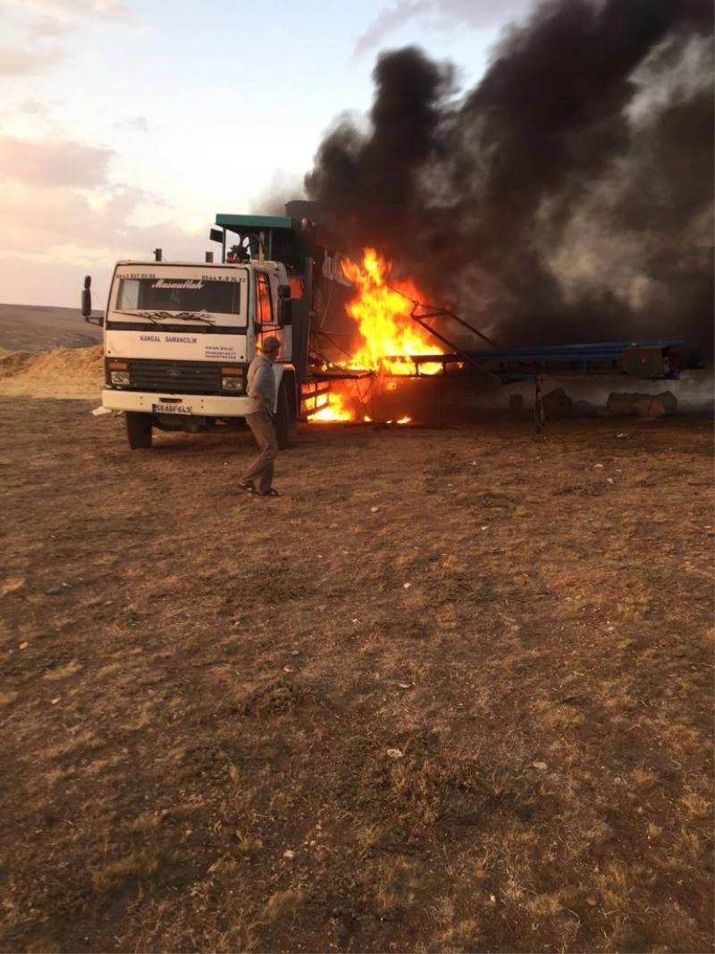 Saman pres makinesi alev alev yandı
