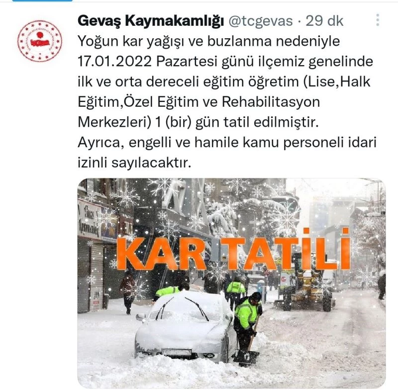 Gevaş’ta okullar 1 gün tatil
