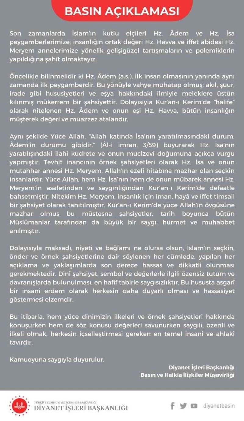 Diyanet’ten Hz. Adem ve Hz. Havva’ya yönelik tartışma ve polemiklere cevap
