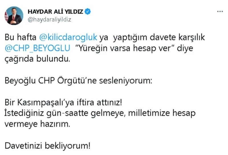 Başkanı Yıldız: “İstediğiniz gün-saatte gelmeye, milletimize hesap vermeye hazırım”
