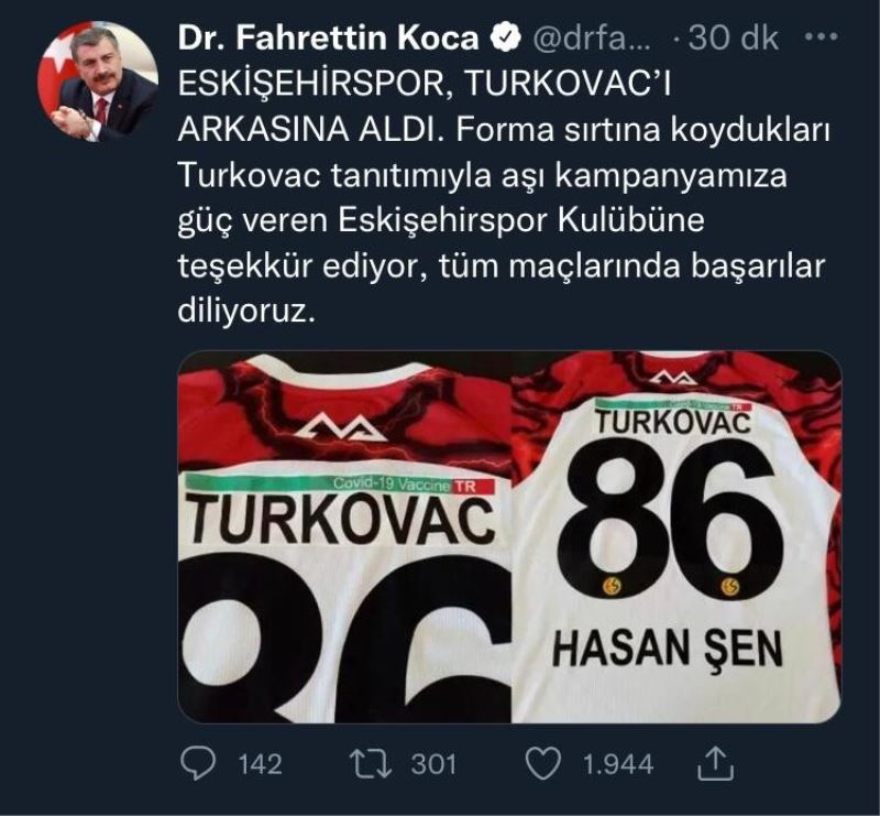 Sağlık Bakanı Koca’dan Eskişehirspor’a teşekkür
