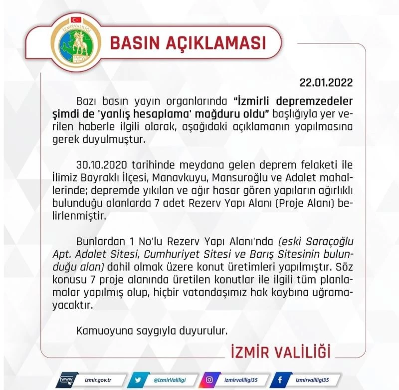 İzmir Valiliğinden depremzedeler ‘yanlış hesaplama mağduru oldu’ haberlerine ilişkin açıklama
