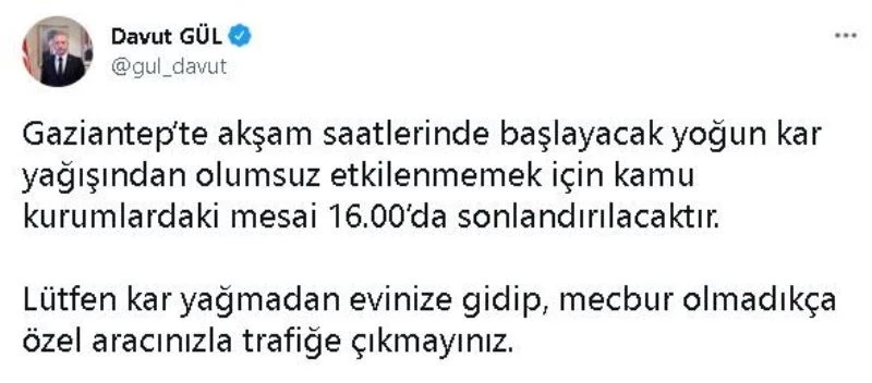Gaziantep’te kamu mesaisi 16.00’da bitecek
