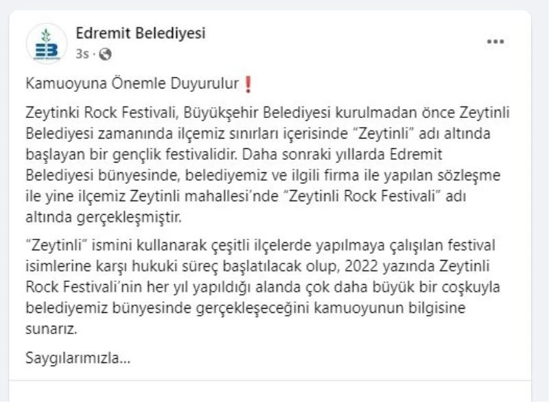 Edremit Belediyesi’nde Zeytinli Rock Festivali açıklaması
