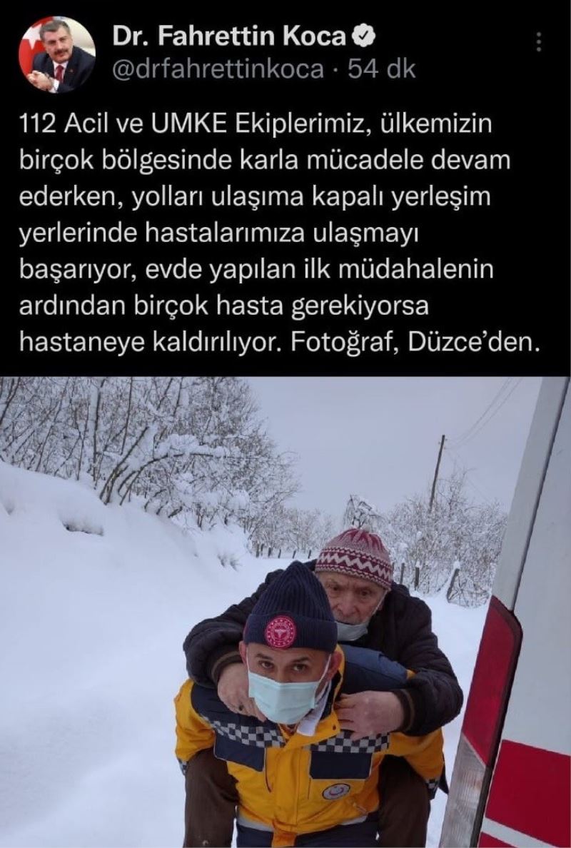 Bakan Koca Düzce’deki sağlıkçıların karla mücadelesini paylaştı
