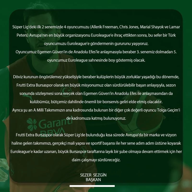 Sezer Sezgin: “Tolga Geçim’i kadromuza katmış bulunuyoruz”
