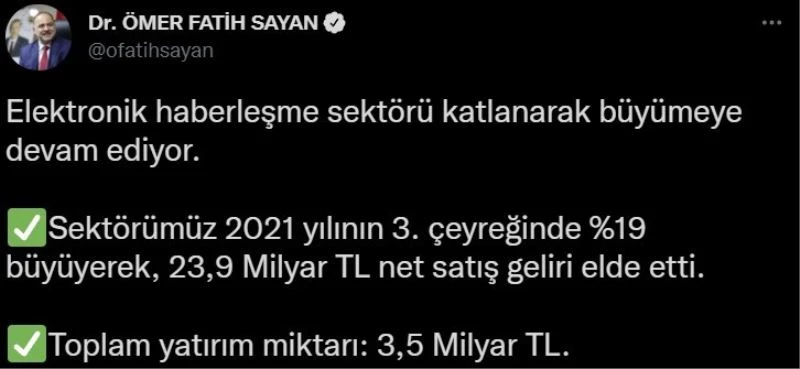 Bakan Yardımcısı Sayan: “Elektronik haberleşme sektörü büyümeye devam ediyor”
