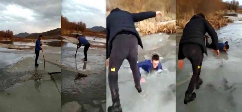Nehirde buz kütlesini sal olarak kullanan gençlerden suya düşen boğulma tehlikesi atlattı
