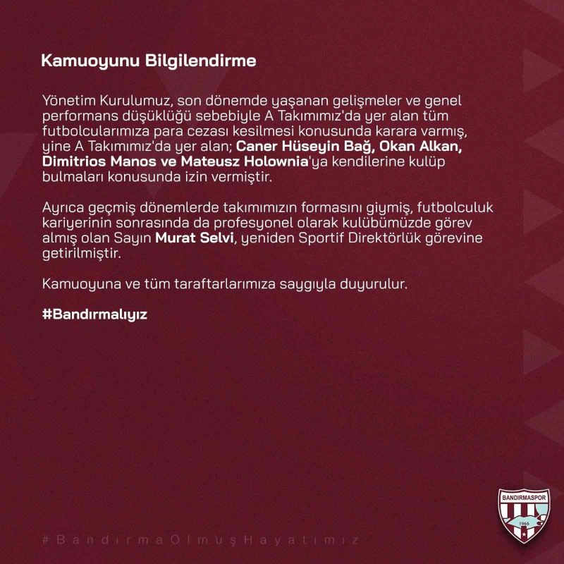 Bandırmaspor yönetiminden sporculara para cezası

