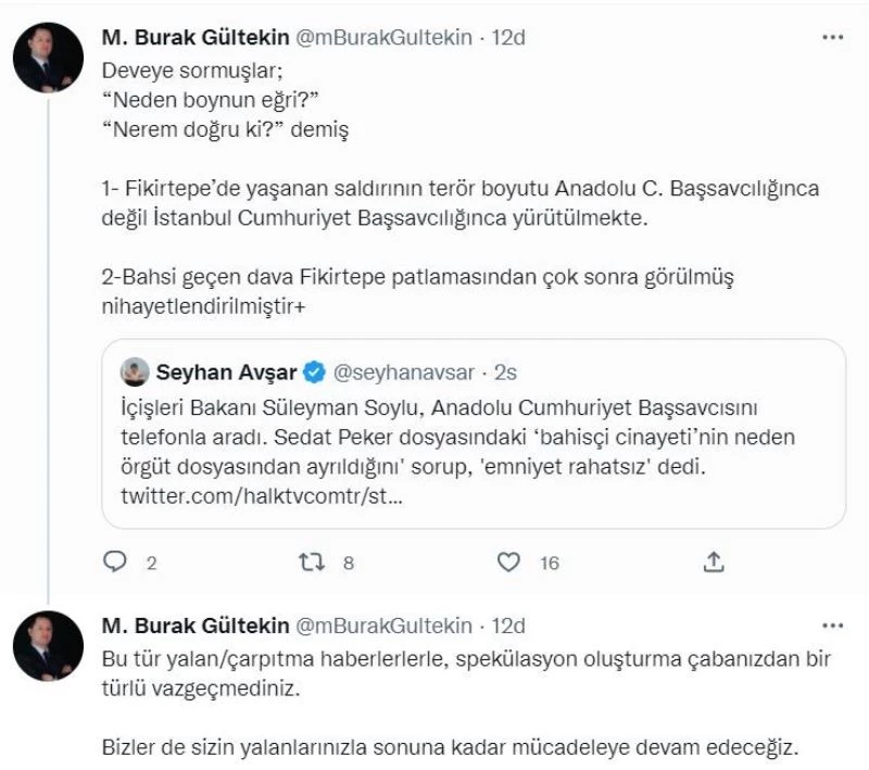 İçişleri Bakan Müşaviri Gültekin’den gazeteci Avşar’ın iddialarına yanıt: “Sizin yalanlarınızla sonuna kadar mücadeleye devam edeceğiz”
